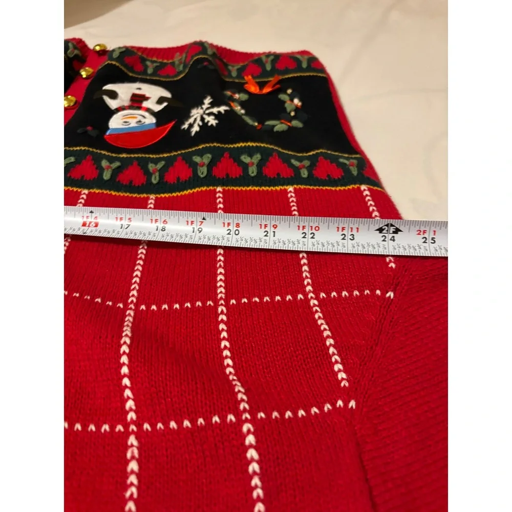 Vintage Cottagecore Red Christmas Snowman Tree Sweater‎ Women 14/16 Cardigan